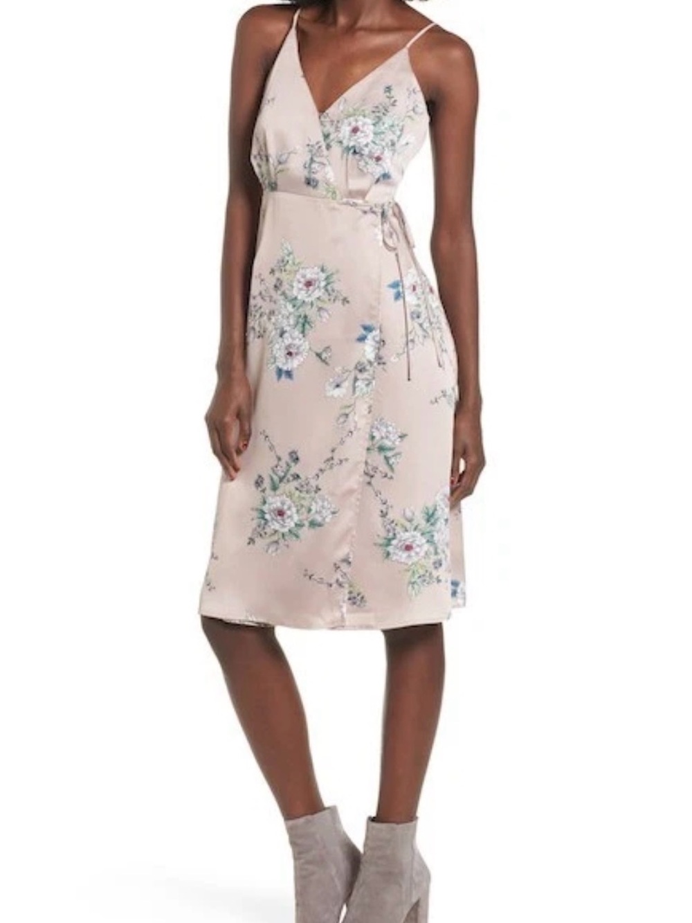 ASTR The Label xs Floral Wrap Midi Dress Blush Pink Spaghetti Strap Faux Silk - Picture 2 of 7